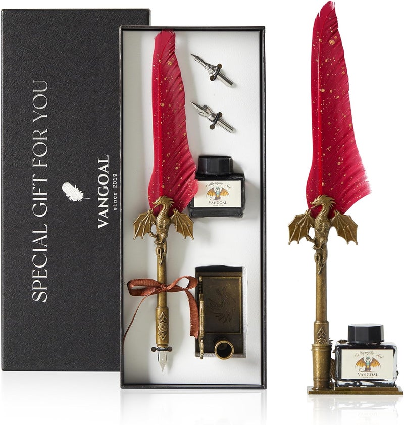 VANGOAL Dragon Quill Pen and Ink Set, Dragon Feather Pen with Novelty Base, Calligraphy Pen Gift Set for Writing, Drawing, Desktop Decoration - Red - Image 1